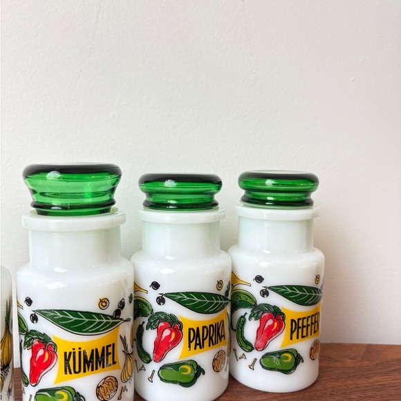 Vintage Kitchen Decor Colorful Spice Jars with Green Lids French Farmhouse Jars - Picture 7 of 13